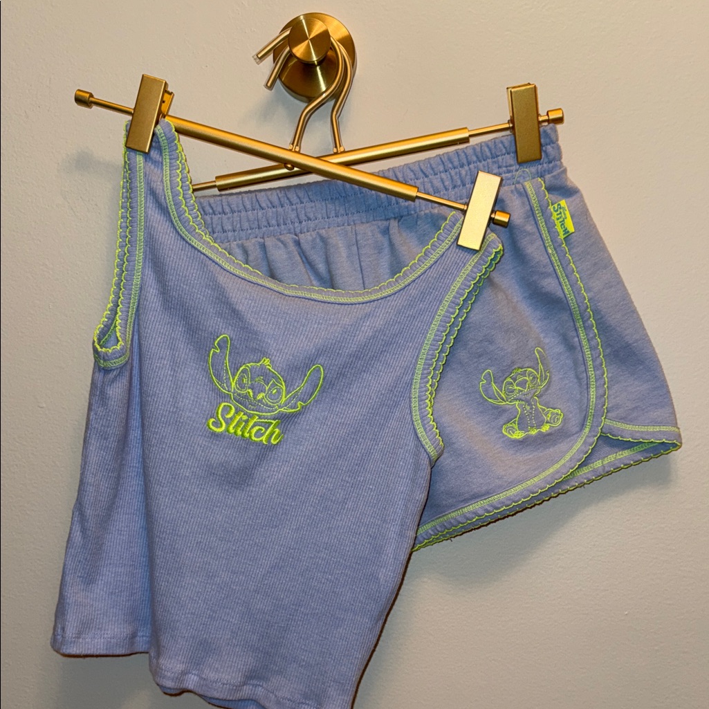 Disney Stitch Blue And Neon Green Trim Lounge Set Shorts & Tank Top